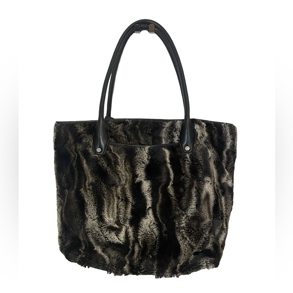 B.Makowsky Leather and Faux Fur Tote Bag - Black and Brown - Picture 2 of 5